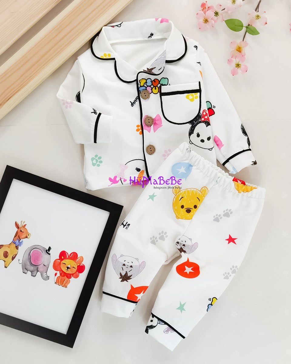 Sevimli karakter baskılı bebe yaka düğmeli önden cepli iki ip Mevsimlik 2li Bebe pijama takımı 