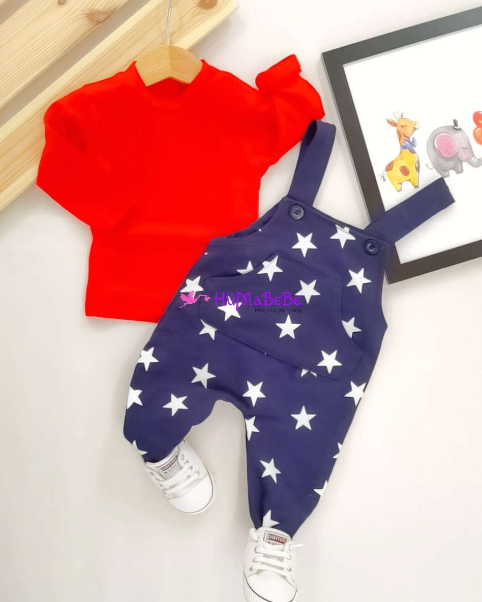 Kırmızı omuzdan Çıtçıtlı uzun kollu Sweatshirt yıldız detaylı önden cepli Salopet Mevsimlik 2li Bebe Takım 