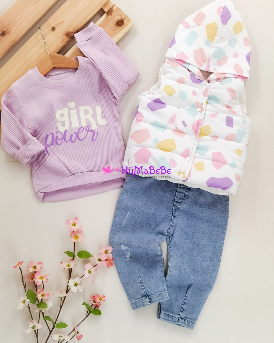 Renkli damalı Kapşonlu şişme yelek esnek fitilli uzun kollu Sweatshirt likralı kot pantolonlu Mevsimlik 3lü Kız Bebe Takım 