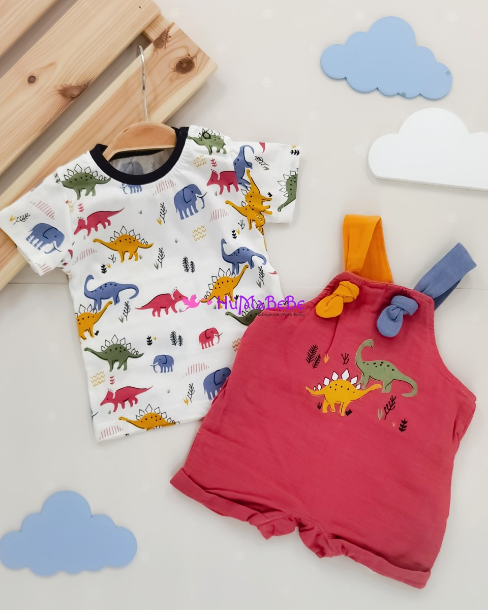 Dinozor Baskılı t-shirt renkli askılı Müslin Salopet yazlık 2li Bebe Takım 