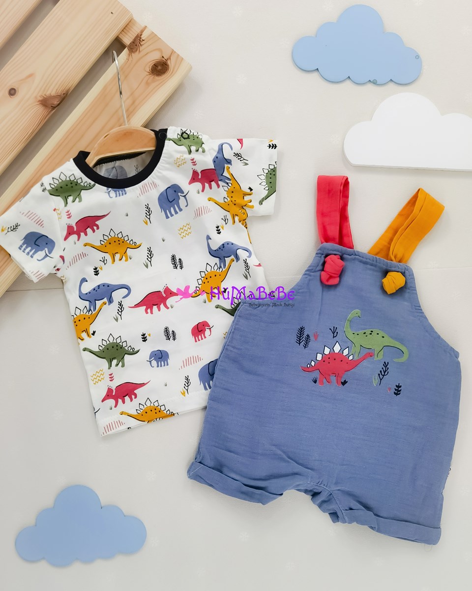 Dinozor Baskılı t-shirt renkli askılı Müslin Salopet yazlık 2li Bebe Takım 