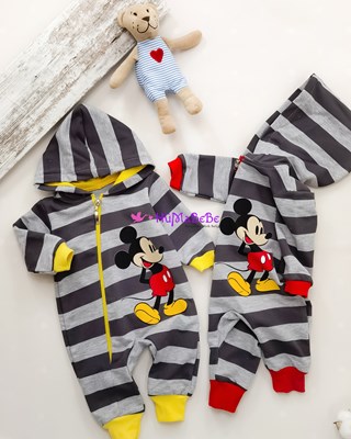 Mickey Mouse baskılı şeritli Kapşonlu Mevsimlik bebe tulum 