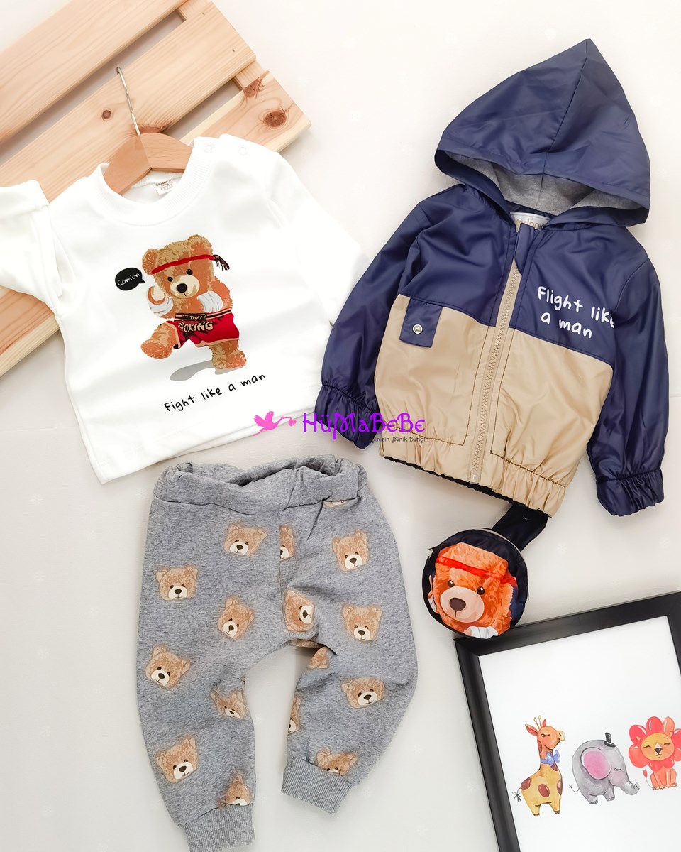 Boksör ayıcık Baskılı uzun kollu Sweatshirt tarz Kapşonlu yağmurluklu çantalı Mevsimlik 4lü bebe takım 