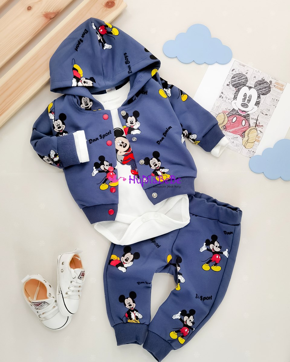 Mickey Mouse Karakterli Çıtçıtlı Badili Kapşonlu Hırkalı Mevsimlik 3lü Bebe Takım 