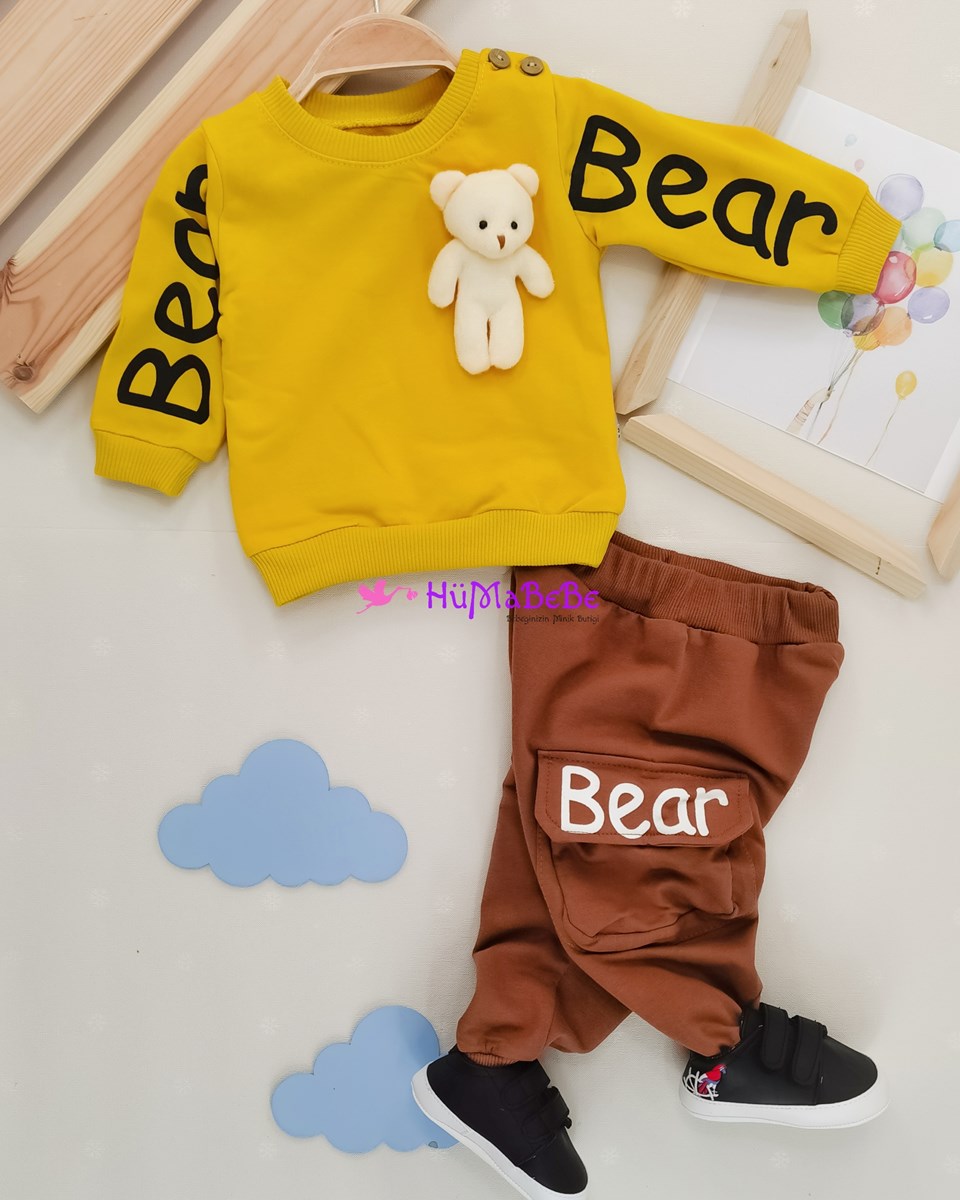 Oyuncak Ayılı Bear yazılı omuzdan düğmeli Sweatshirt Kargo cepli alt Mevsimlik 2li Bebe Takım 