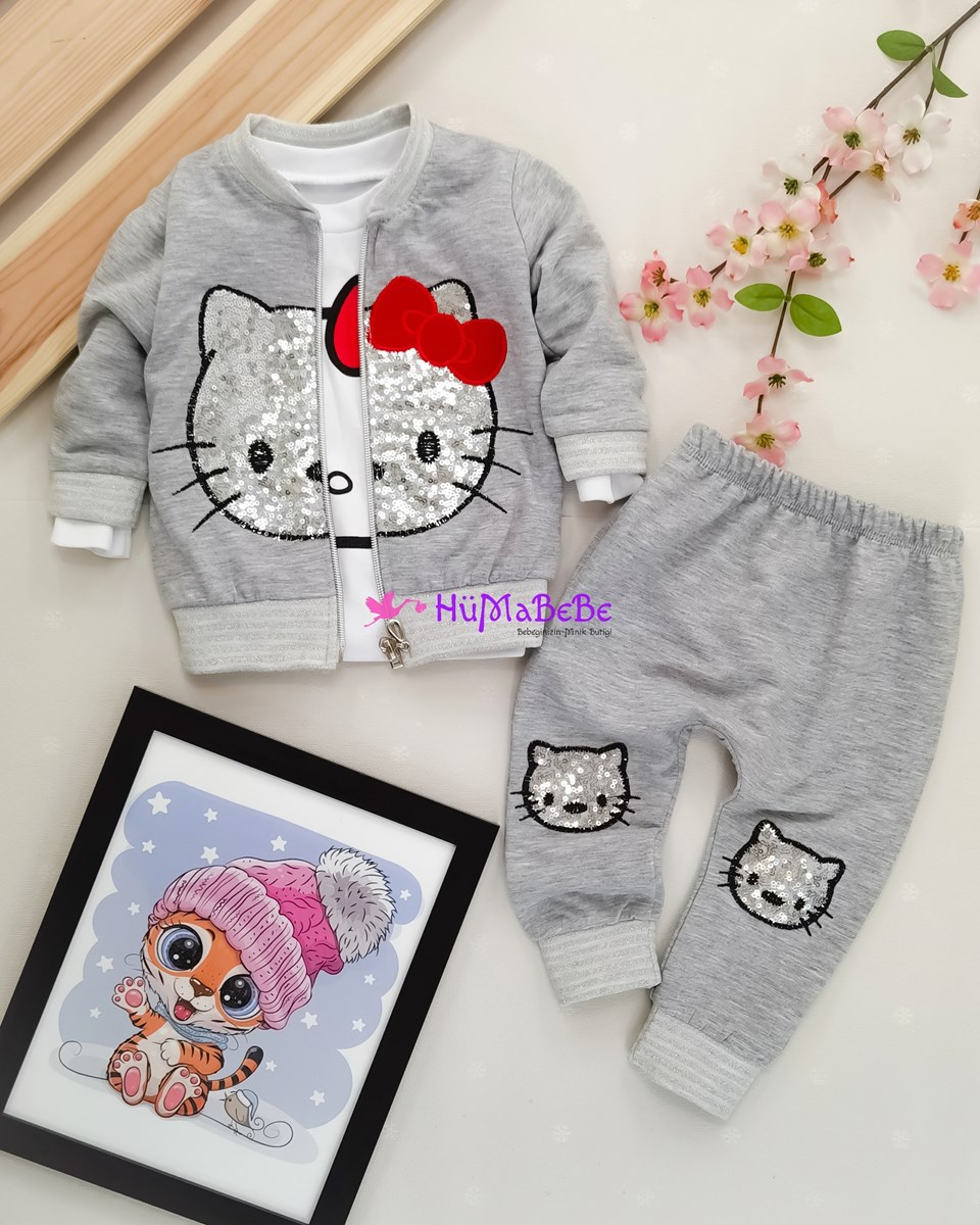 Hello Kitty pulet detaylı Sweatshirt hırkalı Mevsimlik 3lü Bebe Takım 