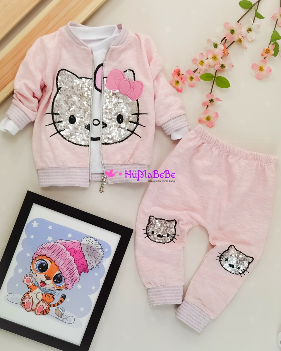Hello Kitty pulet detaylı Sweatshirt hırkalı Mevsimlik 3lü Bebe Takım 