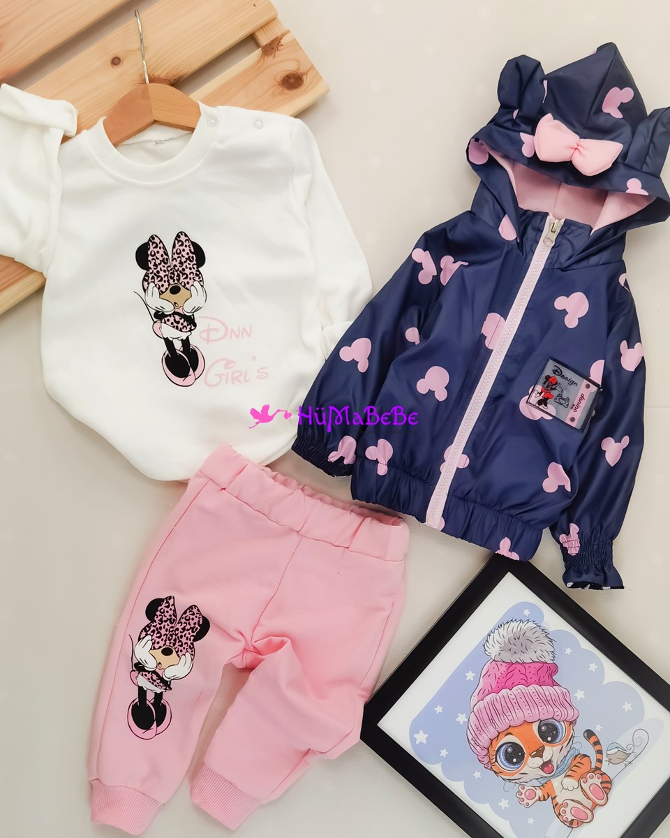 Minnie baskılı uzun kollu Sweatshirt kulak fiyonk detaylı Kapşonlu yağmurluklu Mevsimlik 3lü Bebe Takım 