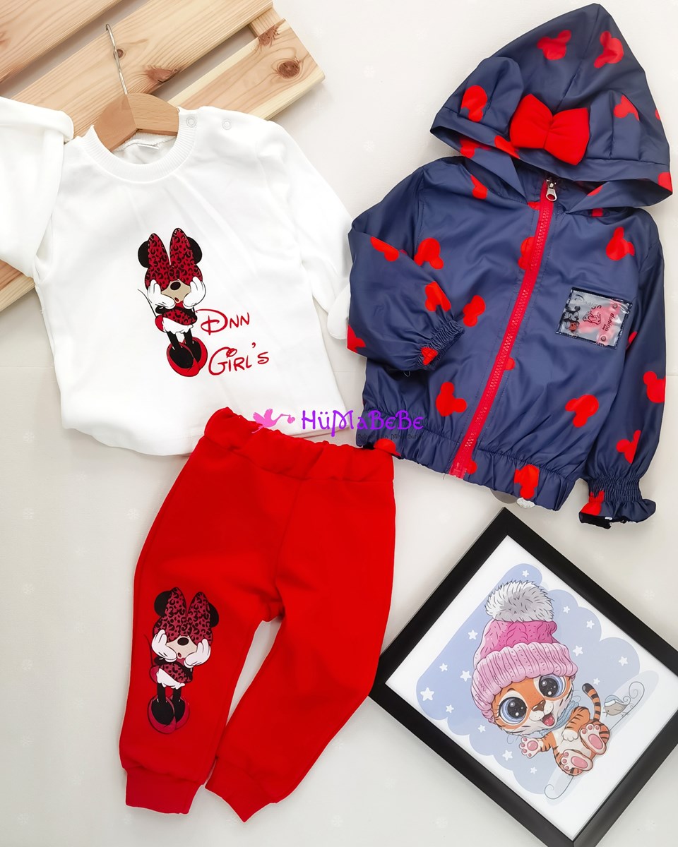 Minnie baskılı uzun kollu Sweatshirt kulak fiyonk detaylı Kapşonlu yağmurluklu Mevsimlik 3lü Bebe Takım 