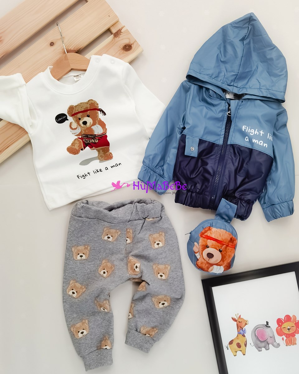 Boksör ayıcık Baskılı uzun kollu Sweatshirt tarz Kapşonlu yağmurluklu çantalı Mevsimlik 4lü bebe takım 