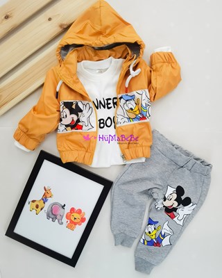 Mickey Mouse and duffy Duck uzun kollu Sweatshirt Kapşonlu Halatlı yağmurluklu Mevsimlik 3lü Bebe Takım 