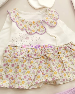 Sevimli tavşanlar desenli çiçek fırfır detaylı Yenidoğan 10lu 03 Ay Uyumlu kız Hastane Çıkış Seti 