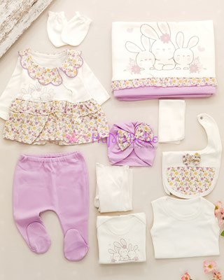 Sevimli tavşanlar desenli çiçek fırfır detaylı Yenidoğan 10lu 03 Ay Uyumlu kız Hastane Çıkış Seti 