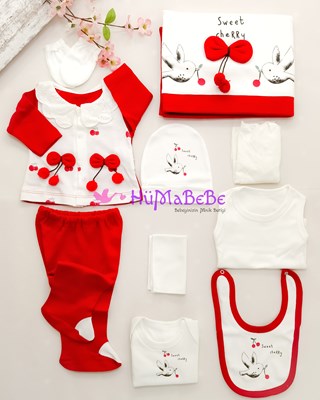 Sweet cherry kiraz fiyonk detaylı 10lu 03 Ay Uyumlu kız Hastane Çıkış Seti 