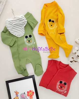 King Lion detaylı Uzun Kollu boydan çıtçıtlı ayaklı fularlı penye Mevsimlik bebe tulum 