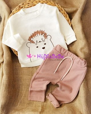 Petek dokulu omuzdan Çıtçıtlı kirpi detaylı Uzun Kollu Sweatshirt Mevsimlik 2li Bebe Takım 