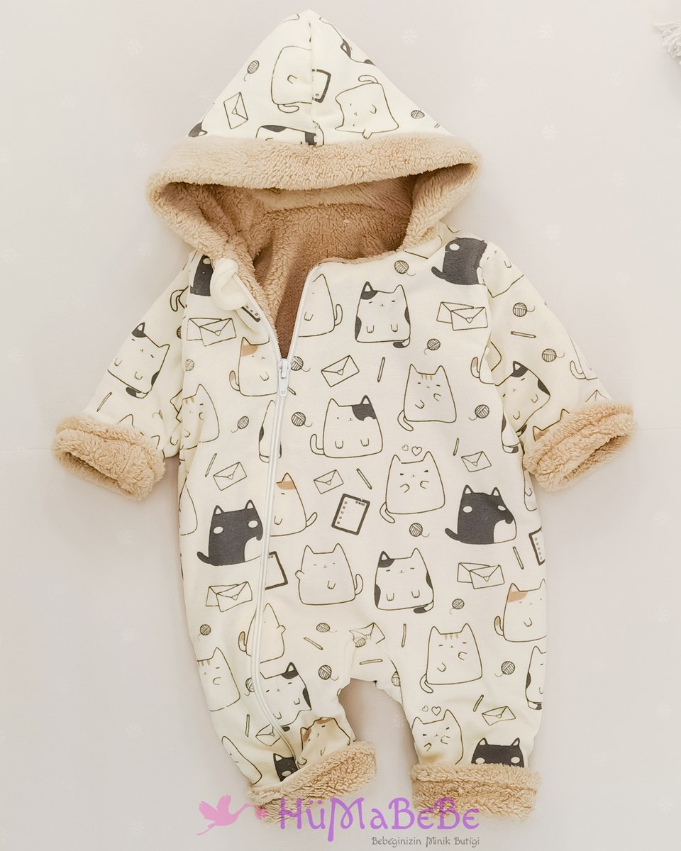 Pisicik desen astarlı içi Welsoft boydan fermuarlı kışlık tarz bebe tulum 