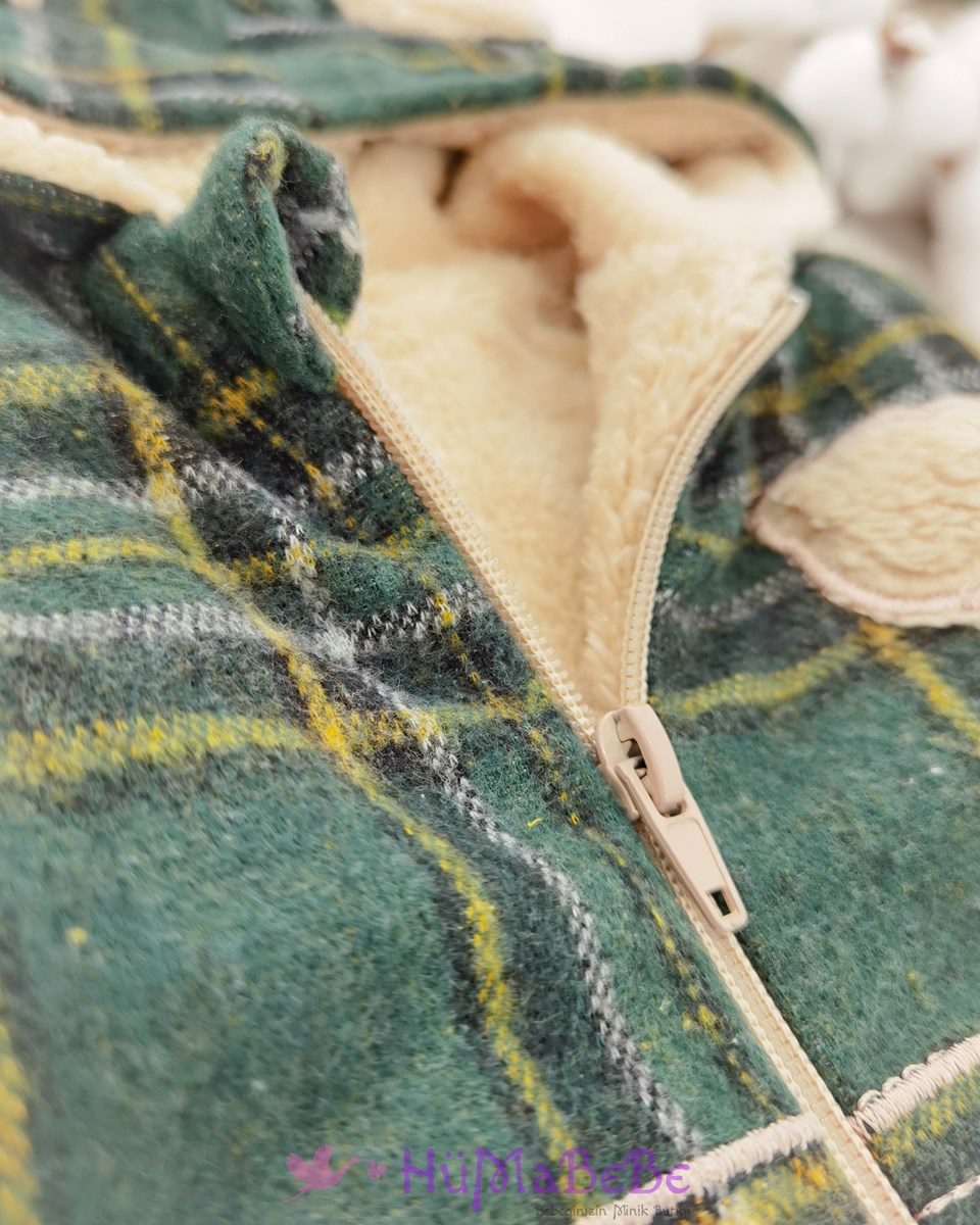 İskoç Ekose desenli içi Welsoft ayıcık Kulak detaylı Kapşonlu Fermuarlı Kışlık Tarz Bebe tulum 