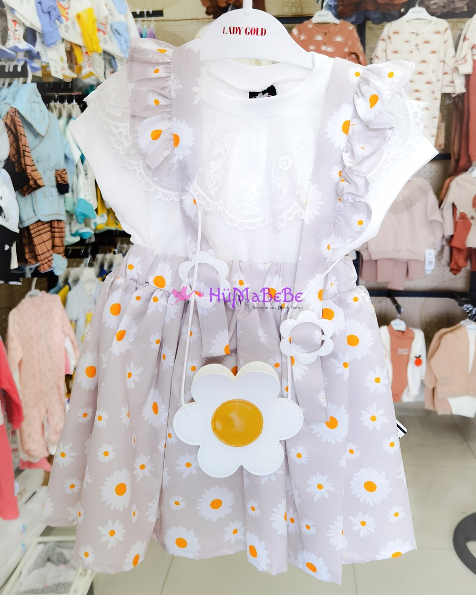 Tül çiçek detaylı t shirt Papatya detaylı elbise Papatya çantalı 3lü Kız Takım 