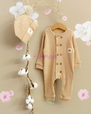 Soft esnek fitilli çift düğme detaylı uzun kollu mevsimlik unisex bebe tulum