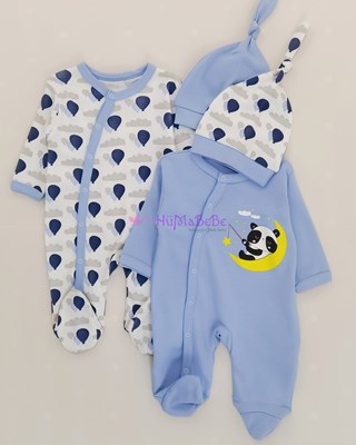 Panda balon baskılı uzun kollu patikli şapkalı Mevsimlik unisex 2li Bebe tulum 