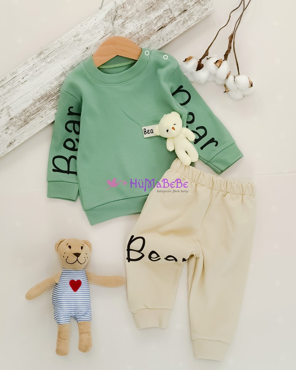 Çıkarılabilir oyuncak Ayılı omuzdan Çıtçıtlı Sweatshirt Bear yazılı Mevsimlik 2li Bebe Takım 
