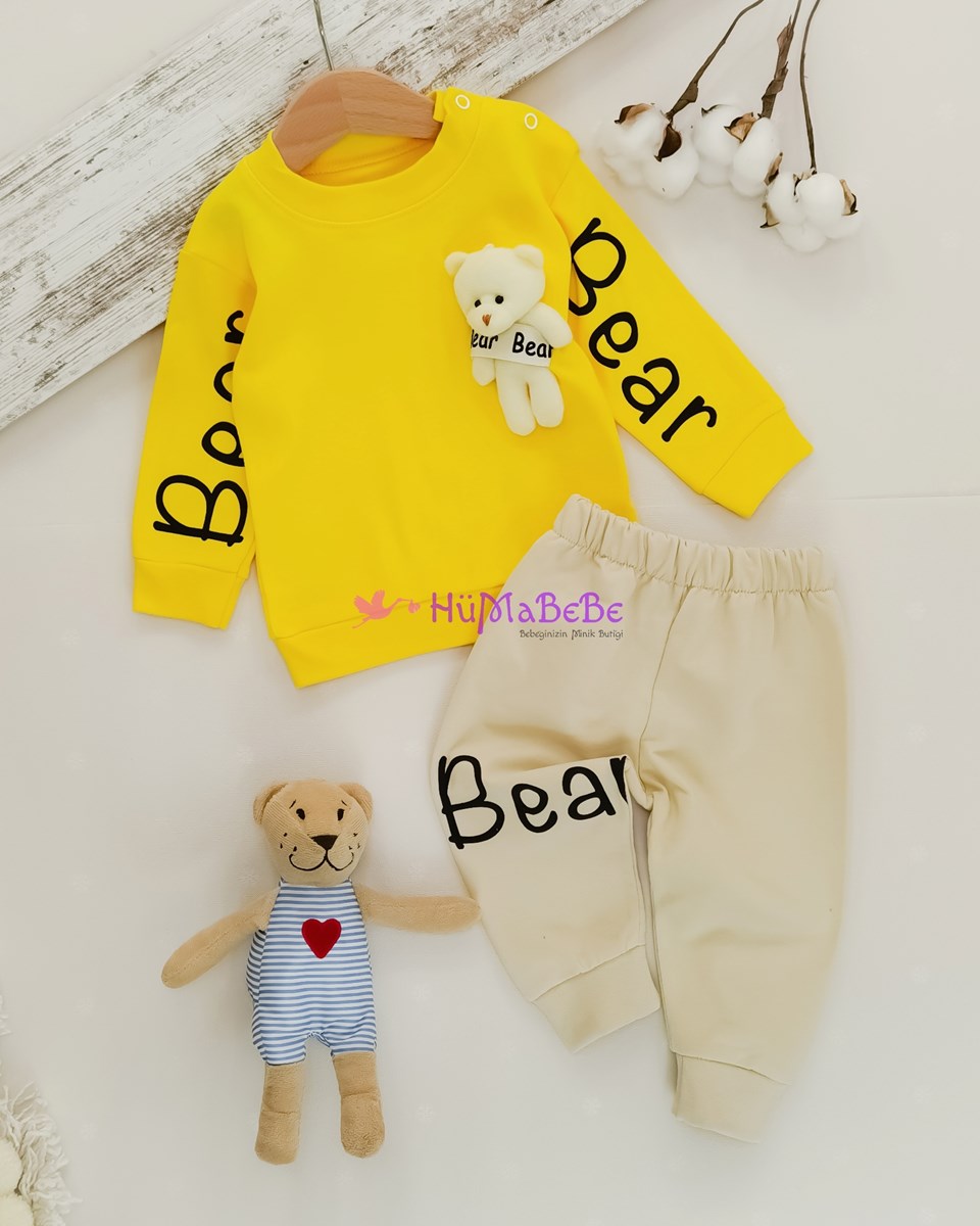 Çıkarılabilir oyuncak Ayılı omuzdan Çıtçıtlı Sweatshirt Bear yazılı Mevsimlik 2li Bebe Takım 