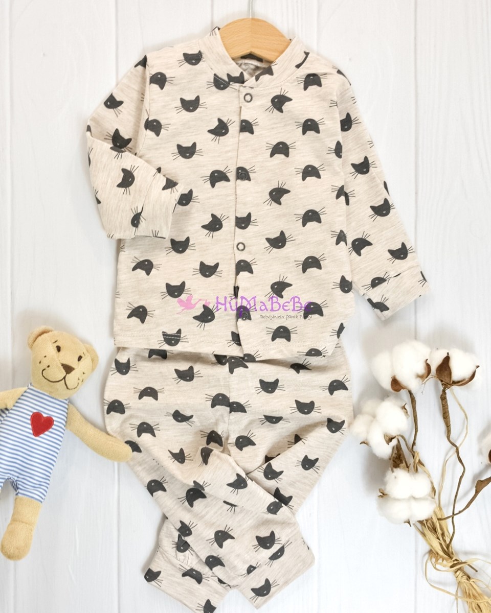 Pisicik Desenli Uzun Kollu Önden Çıtçıtlı Ince Mevsimlik Bebe Pijama Takımı
