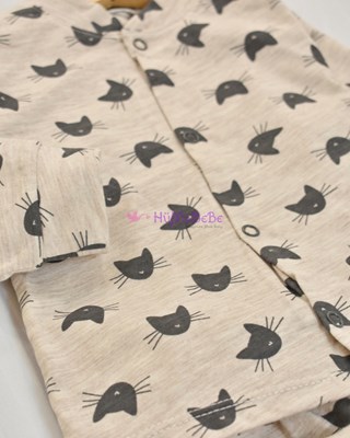 Pisicik Desenli Uzun Kollu Önden Çıtçıtlı Ince Mevsimlik Bebe Pijama Takımı