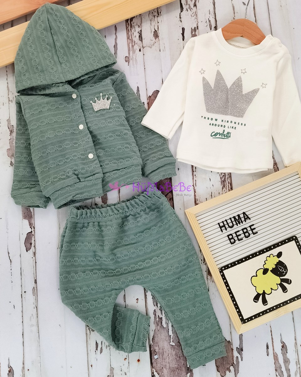 Yıldız taç baskılı uzun kollu Sweatshirt örme Kumaş kışlık 3lü Bebe Takım 
