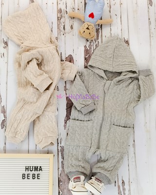 Şık triko görünümlü önden cepli boydan fermuarlı kışlık tarz bebe tulum 