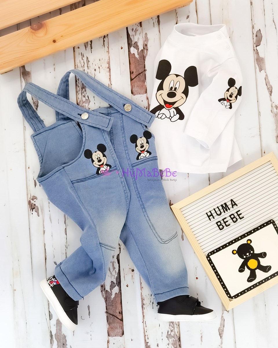 Mickey Mouse Karakterli likralı kot Salopet Uzun Kollu Sweatshirt Mevsimlik 2li Bebe Takım 
