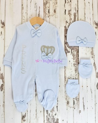 Prens taç detaylı fiyonklu ayaklı çıtçıtlı 3lü bebe tulum