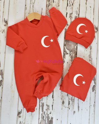 Türk bayraklı şapkalı mevsimlik bebe tulum