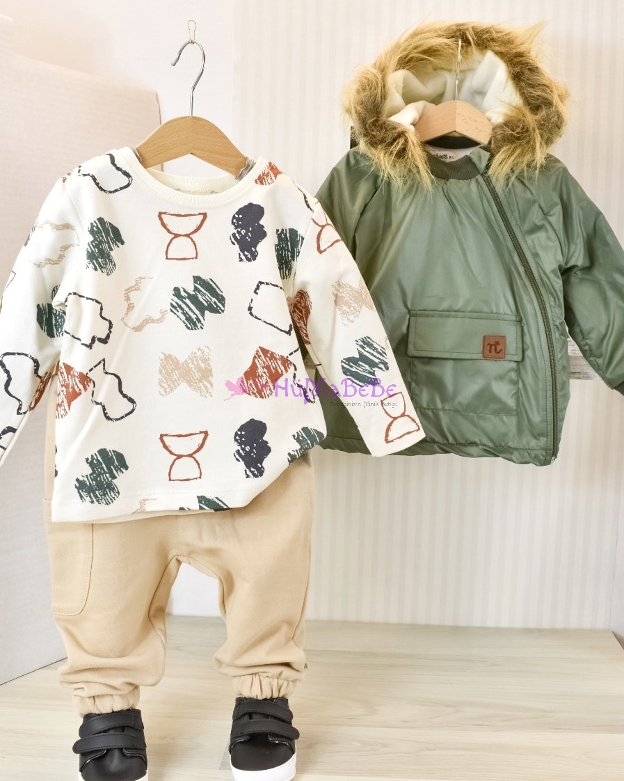 Tarz baskı Sweatshirt önden cepli içi polarlı Kapşonlu yağmurluklu Mevsimlik 3lü Bebe Takım 