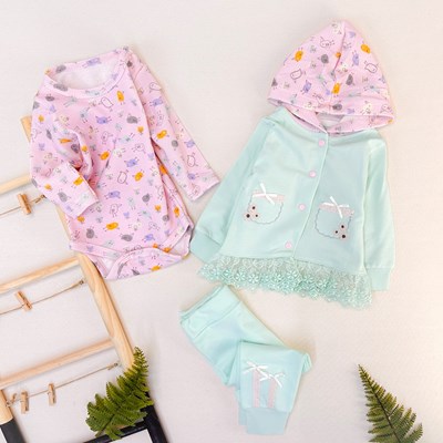 Mini bird kapüşonlu hırkalı mevsimlik 3lü kız bebe takımı 