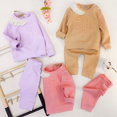Girl ower yaka güpür detaylı petek dokulu mevsimlik 2li kız bebe takım 