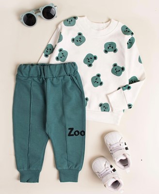 Ayıcık baskılı bisiklet yaka mevsimlik unisex 2li bebe takım