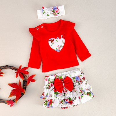 Love flowers fırfır detaylı şortlu mevsimlik 3lü kız bebe takım 