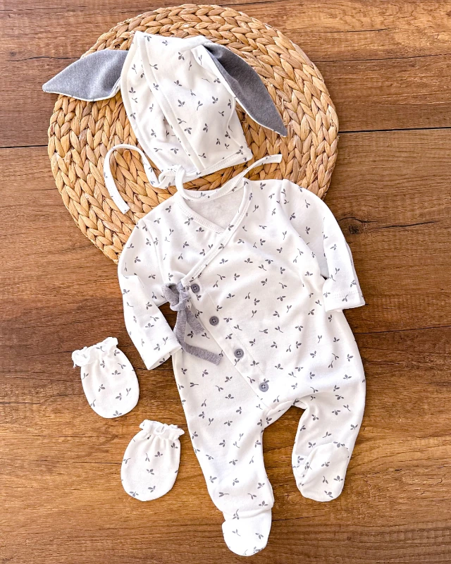 Leaf Yaprak desen tavşan kulak detaylı unisex bebe tulum