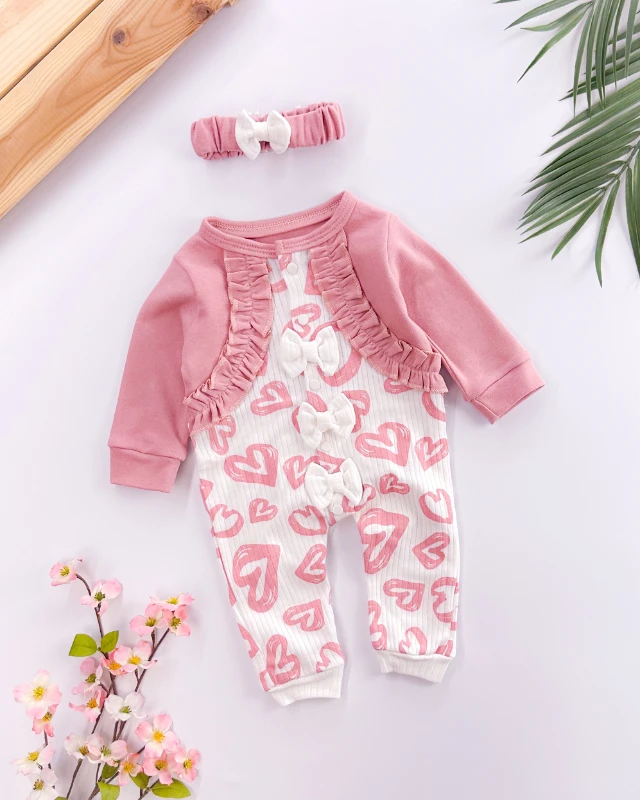Sahte boleralı önden çıtçıtlı kalpli mevsimlik 2li tulum set 