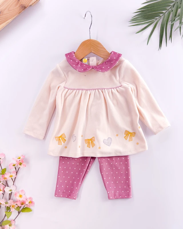 Yaldızlı fiyonk detaylı bebe yaka kadife 2li bebek takım 