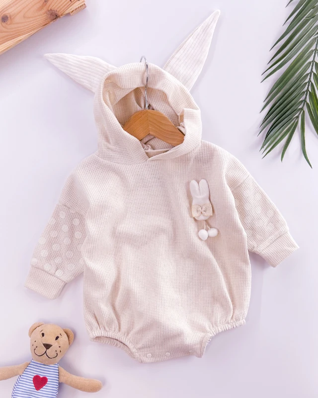 Puantiye kollu tavşan kulak kapüşonlu waffle kumaş çıtçıtlı sweat 