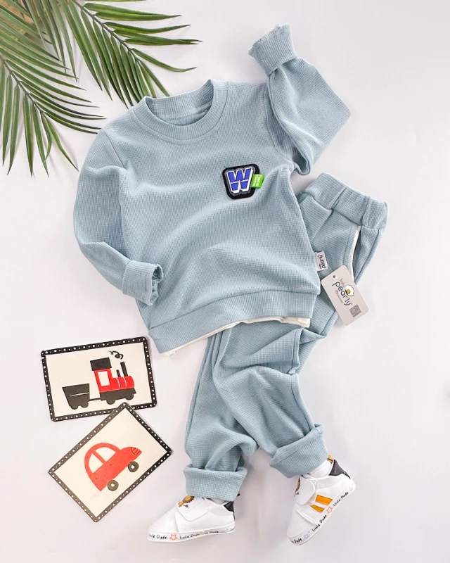 Alttan sahte tshirt görünümlü waffle kumaş mevsimlik 2li takım 
