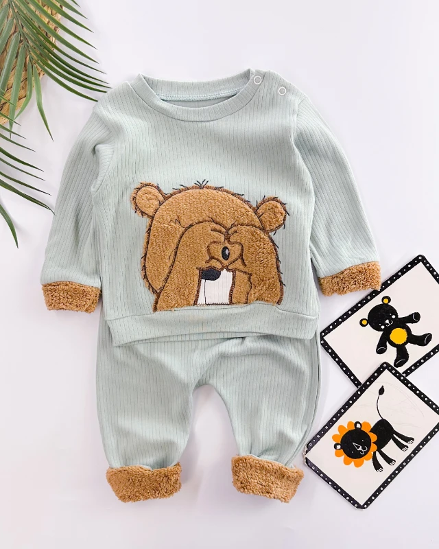  Love bear omuzdan çıtçıtlı fitilli kumaş mevsimlik 2li takım 