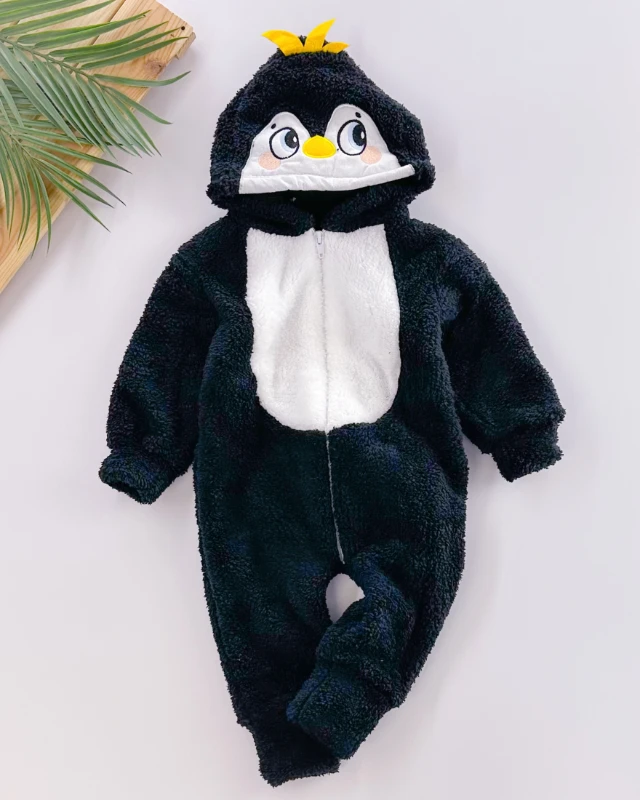 Penguen Figürlü Boydan Fermuarlı Welsoft Kışlık Bebe Tulum