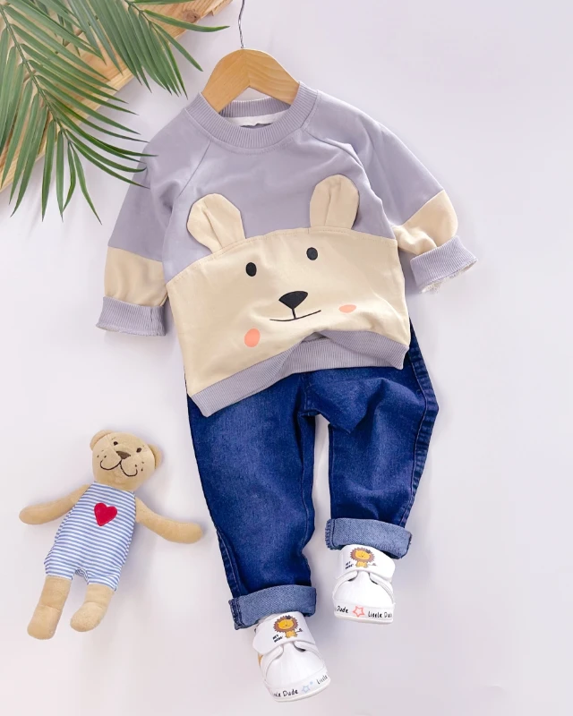 Pembe yanaklı ayıcık sweatli kot pantolonlu mevsimlik 2li takım 
