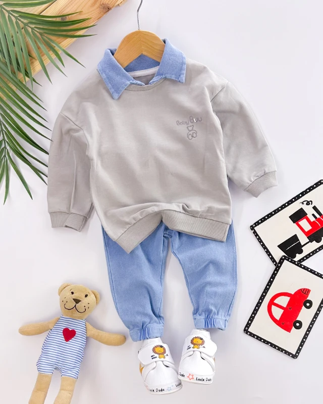 Sahte kot gömlek yaka detaylı pantolonlu mevsimlik 2li takım 