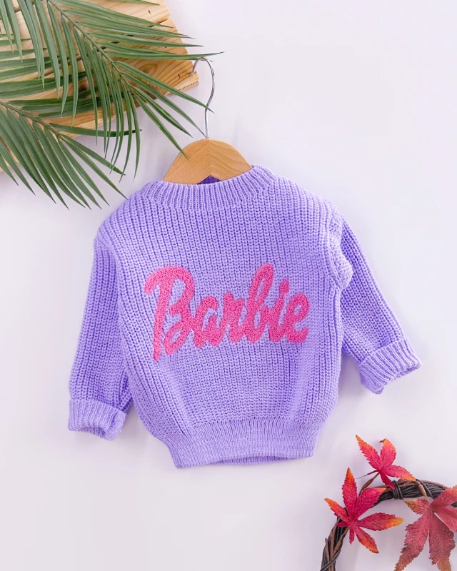 Renkli Barbie işlemeli Selanik örgülü kışlık bebe kazak 