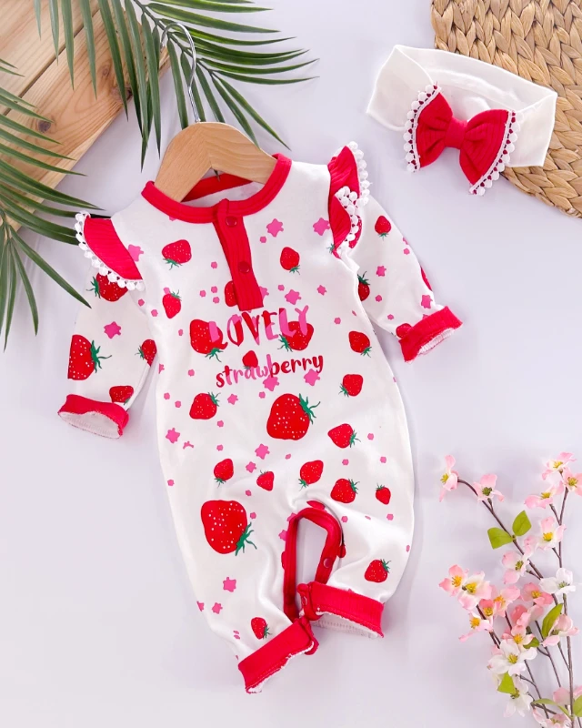 Lovely strawberry alttan çıtçıtlı bandanalı mevsimlik tulum set 